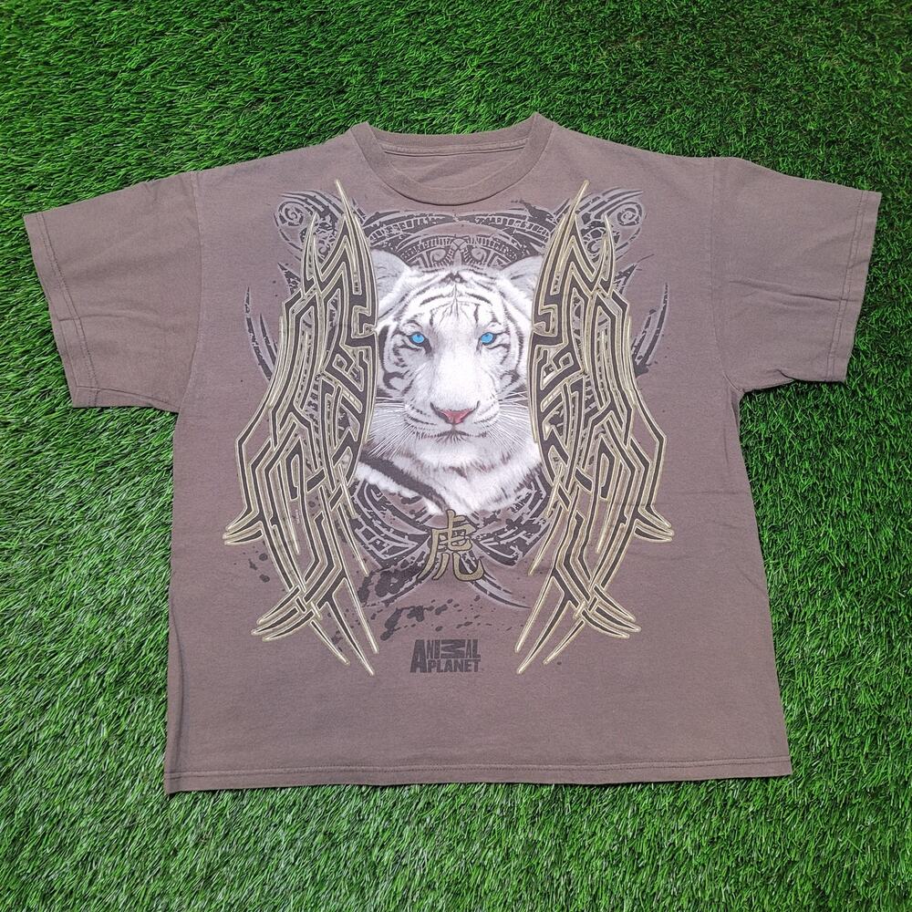 Y2K Animal Planet White Tiger T-Shirt Mens Large Grunge Tribal Graphic